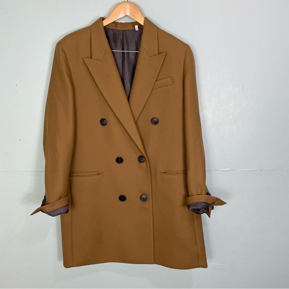 Theory Double Breasted Bonded Wool Blend Coat Tan Sz 12 - Picture 2 of 11
